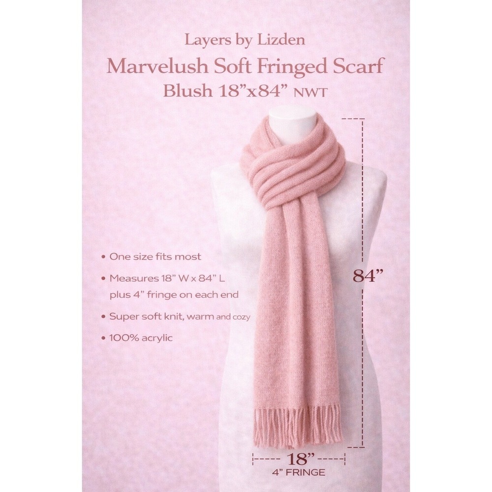 Layers by Lizden Marvelush Soft Fringed Scarf‎ Blush Pink 18x84 NWT